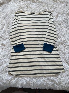 Cream and Charcoal Striped Boatneck Top with Blue Cuffs